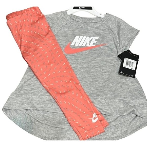 Nike swoosh 2pc set gray pink salt 2T 4T NWT leggings T shirt tunic NIKE - Picture 1 of 6